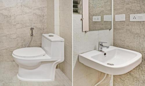 卡基纳达De Crown Luxury Hotel的浴室的两张照片,配有卫生间和水槽