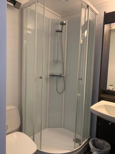 曼达尔SKAP Hostel Mandal的带淋浴的浴室(带卫生间和水槽)