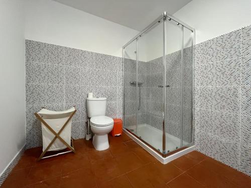 维拉诺瓦-德法马利Casa do Tanque的一间带卫生间和玻璃淋浴间的浴室