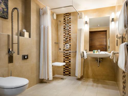 克拉科夫克拉科夫希尔顿花园酒店的带淋浴卫生间和盥洗盆的浴室