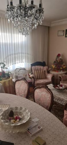 PasakoyGüzel ev的客厅配有吊灯和圣诞树