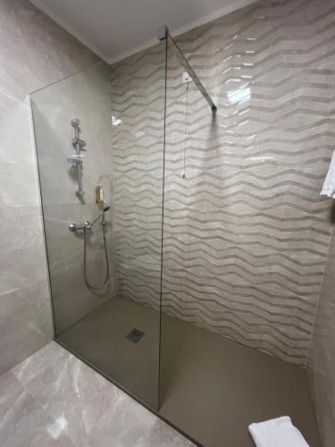 阿利若Hotel Ribadouro的浴室内带玻璃门的淋浴间