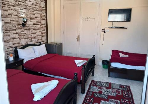 开罗New Palace Hotel的一间卧室设有两张床和砖墙