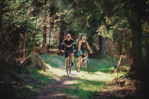 斯克拉斯卡波伦巴Czarny Kamień Resort & SPA的两人骑着自行车在树林里的小径上