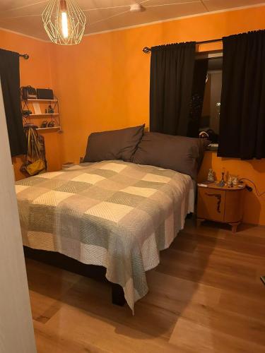 阿克雷里Home in the heart of Akureyri的一间卧室配有一张带 ⁇ 子毯子的床
