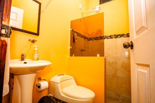 奎波斯城Apartamento Aliga 1的黄色的浴室设有水槽和淋浴