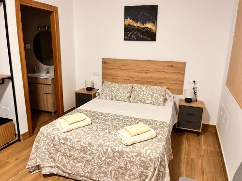 阿尔奇多纳Apartamentos El PELIGRO 3 LA CUEVA的一间卧室配有一张床,上面有两条毛巾