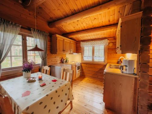 勒罗斯Ryen Hytteutleie - Cottages的小木屋内的厨房,配有桌子