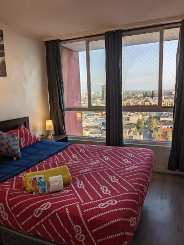 圣地亚哥Habitación amplia en Santiago c3ntro的一间卧室设有一张床和一个大窗户