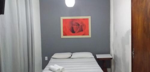 卡鲁阿鲁Pousada Palace Hotel的一间设有一张床的客房,墙上挂着一幅画