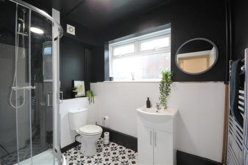 The Good night rooms liverpool的一间带卫生间、水槽和镜子的浴室