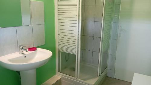 萨莱比梅Maison du soleil的一间带水槽和玻璃淋浴的浴室