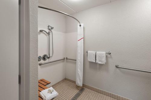 宾厄姆顿宾厄姆顿 - 约翰逊城红屋顶客栈的带淋浴、卫生间和毛巾的浴室