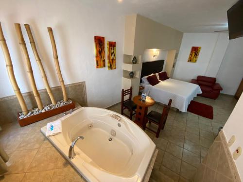多洛雷斯-伊达尔戈Hotel El Relicario的带浴缸的浴室和1间带1张床的卧室