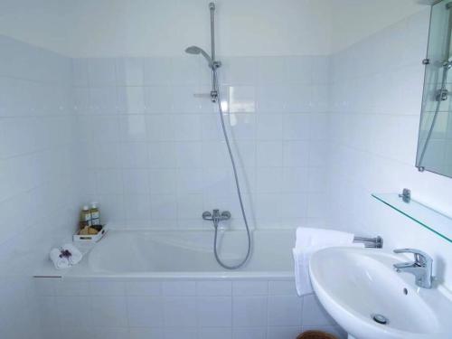 Les ForgesFrench Country Villas的带淋浴和盥洗盆的白色浴室