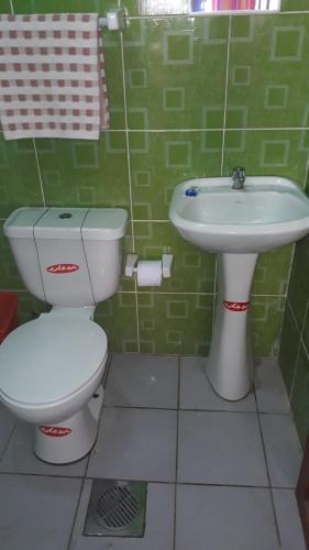 科帕卡巴纳Hostal Arco Iris del Lago的绿色瓷砖浴室设有卫生间和水槽