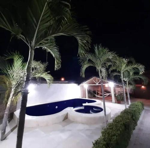 普拉亚斯Casa con piscina y salida a la playa的棕榈树庭院和夜间游泳池