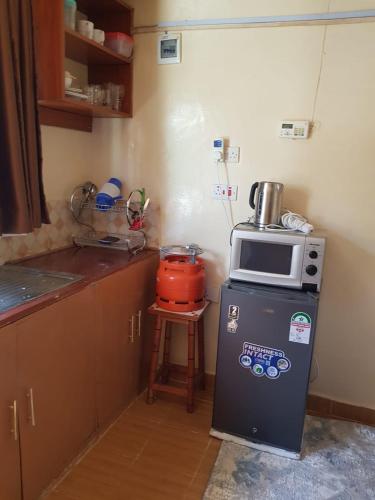 马查科斯Hakuna matata Airbnb的小厨房配有冰箱上方的微波炉