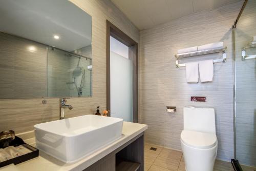 太原素柏云酒店（晋阳街店）的浴室配有白色水槽和卫生间。