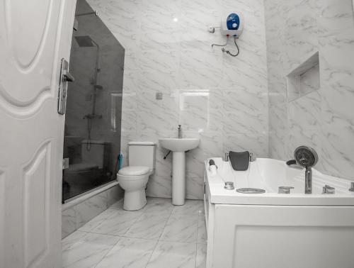 莱基Luxury 4 bedroom duplex的白色的浴室设有卫生间和水槽。