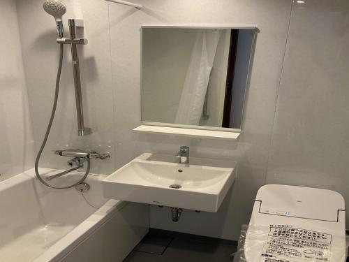 屋久岛海洋蓝屋久岛酒店的一间带水槽、镜子和卫生间的浴室