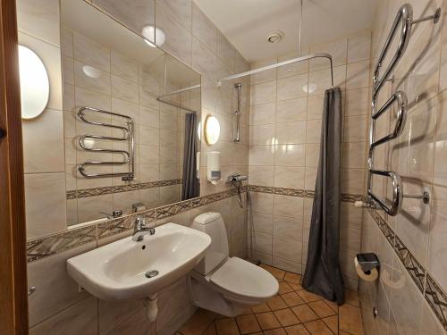 延雪平鲍俊凯哈根别墅酒店的白色的浴室设有水槽和卫生间。