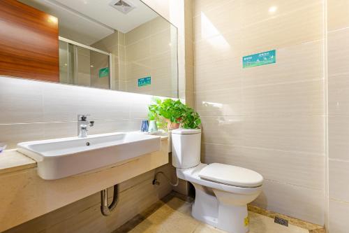 广州WAIFIDEN service Apartment Min Jian Fianance Branch的一间带水槽、卫生间和镜子的浴室