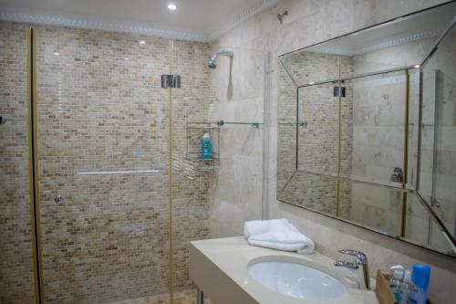 赫罗德斯湾Vista Views的带淋浴、盥洗盆和镜子的浴室