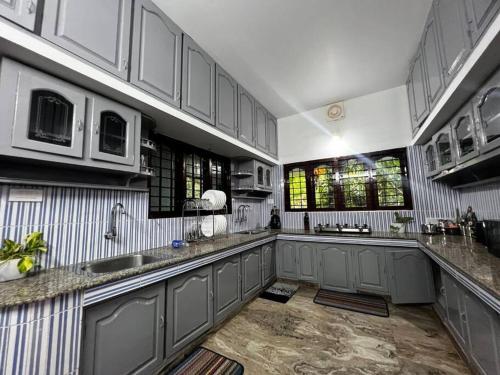 科钦Hosted by Resmi Jayalal的一个带灰色橱柜和水槽的大厨房