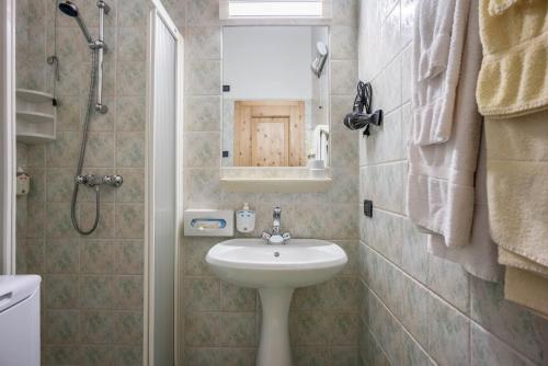 拉瓦罗内Giongo Residence Aparthotel 104的一间带水槽、淋浴和镜子的浴室