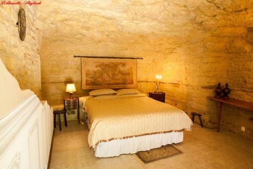 Civray-de-TouraineSongbird Sanctuary的卧室配有一张石墙床