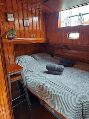 玛库姆Woontjalk Bûten Ferwachting的一间小卧室,船上配有一张床