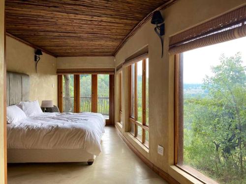 贝拉贝拉Reedbuck Lodge @Cyferfontein in Mabalingwe Reserve的一间卧室设有一张床和大窗户