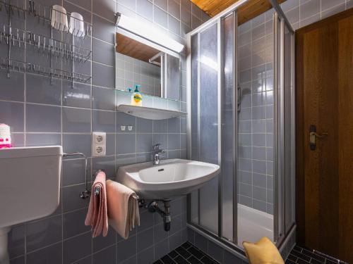 滨湖采尔Gästehaus Bleiweis-Zehentner的蓝色瓷砖浴室设有水槽和淋浴