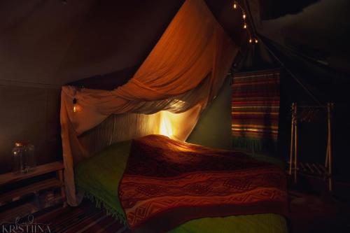 埃农泰基厄Ainutlaatuinen metsämajoitus的一间卧室配有一张带天蓬和窗户的床