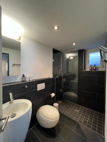 ObergösgenThe R Apartment Froburg, Parking, Netflix, Golfplatz的浴室配有卫生间、盥洗盆和淋浴。