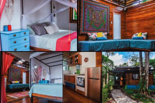卡维塔Selva Madre Eco-Sanctuary的一张床位和一个厨房的房间的照片拼在一起