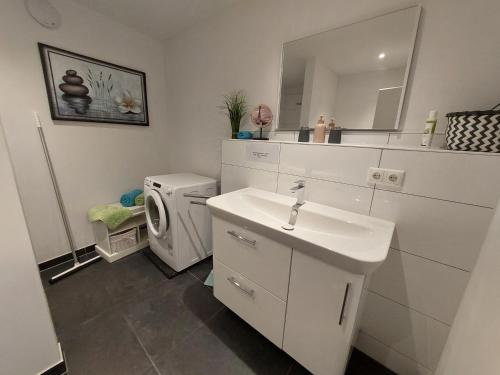 柯尼希施泰因易北Luxuriöse Ferienwohnungen的一间带水槽和洗衣机的浴室