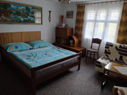 特日内茨卡曼策草房的一间卧室配有一张床、一张桌子和一把椅子