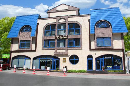 基希讷乌Hotel Villa Natali的街道上一座蓝色屋顶的建筑