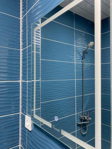 安布罗劳里Racha Rooms的浴室设有蓝色墙壁和淋浴