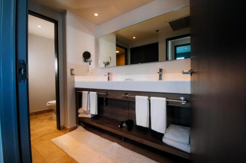 墨西哥城墨西哥城圣达菲希尔顿花园酒店的浴室配有盥洗盆、镜子和毛巾