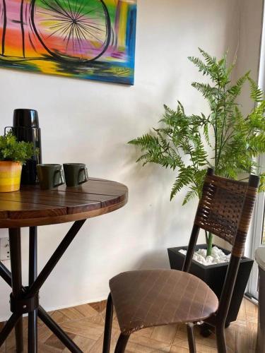 PalmasPousada Luciana Dias的一张桌子和一把椅子,上面有植物和绘画