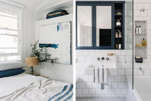 布伦瑞克黑兹RiverFish的白色的浴室设有水槽和一张床