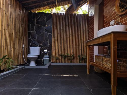 龙目岛库塔RaCottage Mandalika的一间带卫生间和石墙的浴室