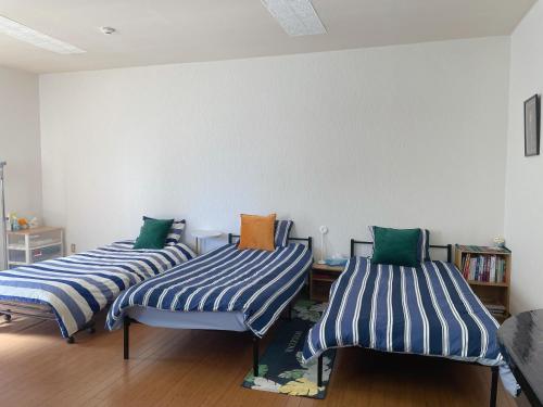 甲府富竹民泊的三个床在一间房间里排成一排