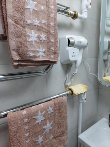 卡拉甘达Квартира的浴室提供毛巾架上的毛巾