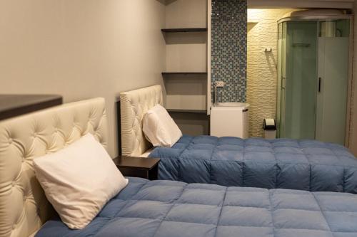 乌鲁班巴Hotel California Urubamba的一间卧室设有两张床和淋浴。