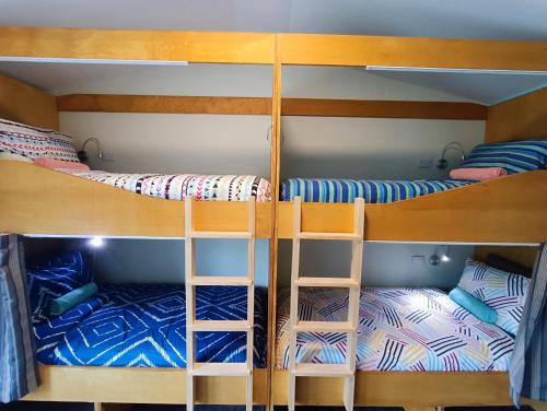 瓦纳卡Adventure Wanaka Hostel的配有2张双层床的宿舍间