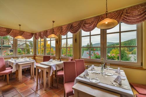 什平德莱鲁夫姆林波德加萨尼酒店的餐厅设有桌椅和窗户。